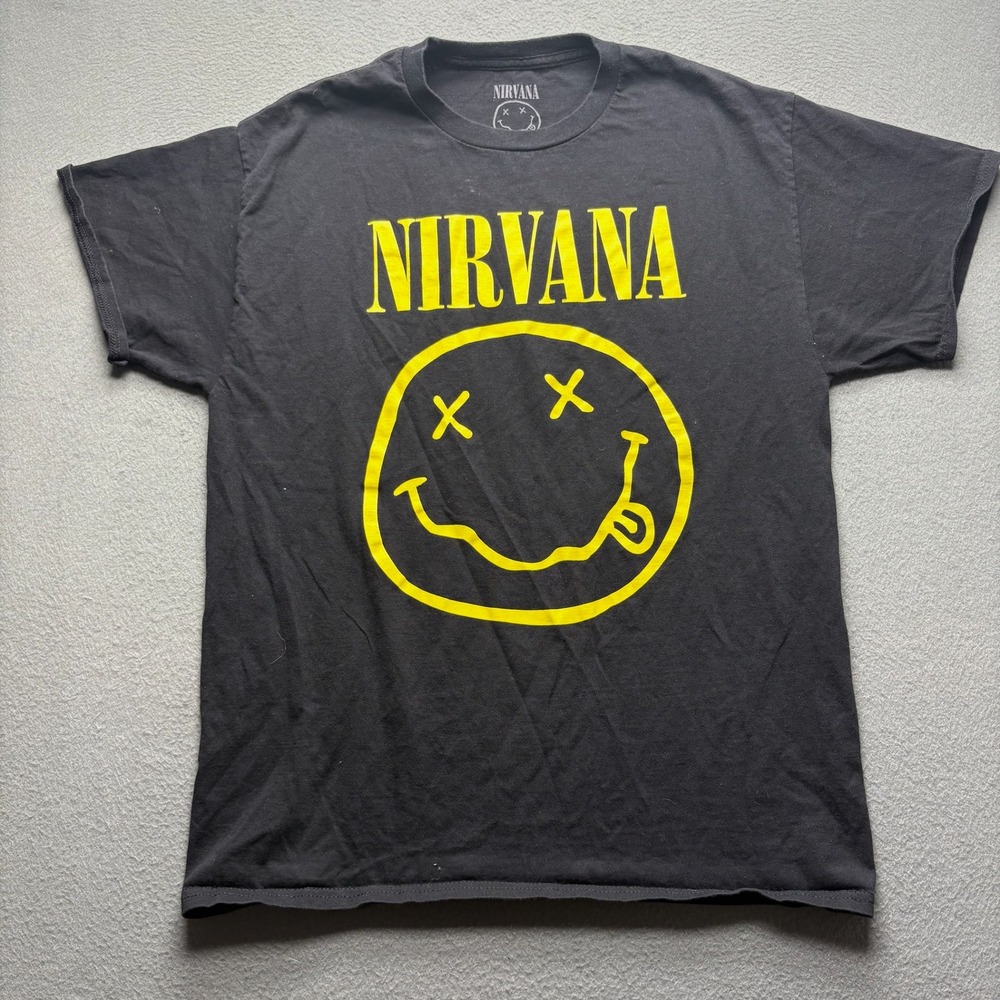 Nirvana Men T-Shirt Cotton Large Black Yellow Smiley Face Grunge Rock‎ Band Tee